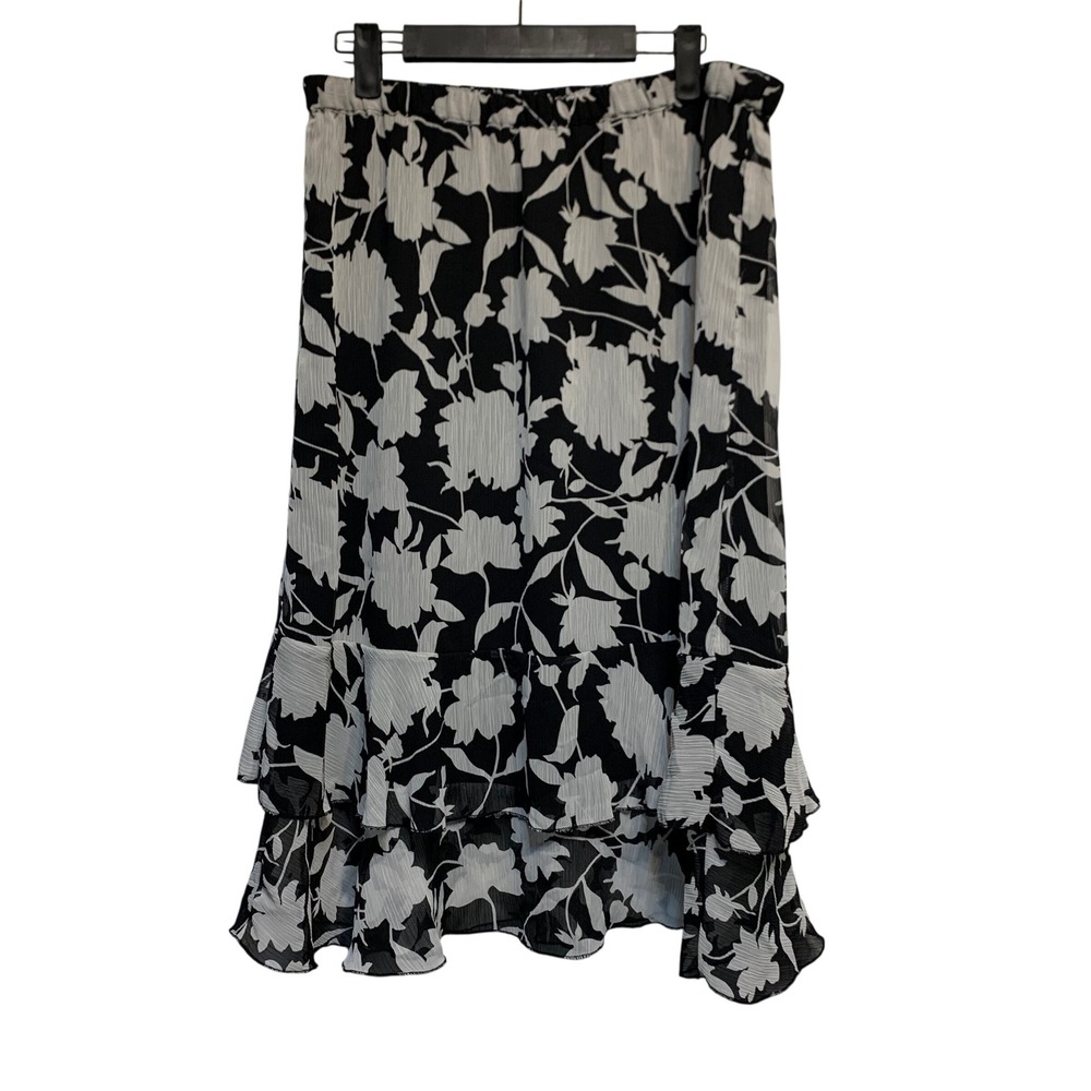 Sag Harbor Floral Midi Skirt Womens PL Black Gray Ruffle Tiered Plisse lined